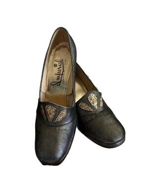 Imperial Vintage 1960s Gold Black Metallic Square Heeled Women's Sz 8B Pumps